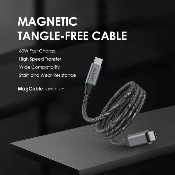 oraimo MagCable 1M 60W Type-C to Type-C Data Cable  Magnetic Self Aligning 60W Fast Charging  Stain & Wear Resistance  High Transfer Speed