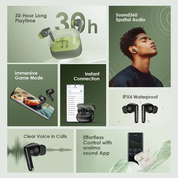 oraimo SpaceBuds Neo True Wireless Spatial Earbuds  Noise Reduction in Call Sound360 Spatial Audio 30-Hr Long Playtime  BT 5.4-Simultaneous