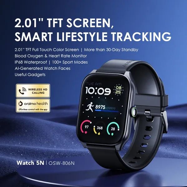 oraimo Watch 5N 2.01'' TFT IP68 Smart Watch  Wireless HD Calling  100+ Sports Modes 2.01" Large Screen Design  One-click Health Measurement