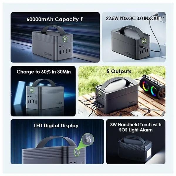 oraimo PowerBox 600 60000mAh 22.5W Power Bank  PD&QC3.0 IN&OUT 5 Outputs  LED Screen Display Oraimo 60000mAh 22.5W Power Bank