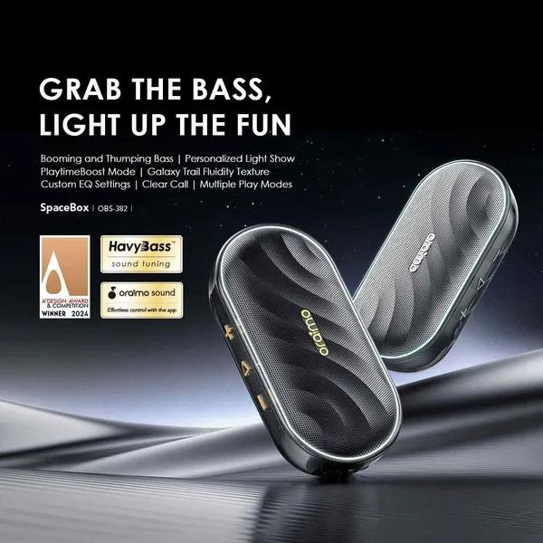 oraimo SpaceBox 8W FM Wireless Speaker  Powerful and Punchy Bass  PlaytimeBoost Mode Battery Capacity：1800mAh/3.7V Audio Output: 8W Charging Input: Type-C Play Mode: BT, TF card, FM radio