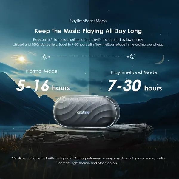 oraimo SpaceBox 8W FM Wireless Speaker  Powerful and Punchy Bass  PlaytimeBoost Mode Battery Capacity：1800mAh/3.7V Audio Output: 8W Charging Input: Type-C Play Mode: BT, TF card, FM radio