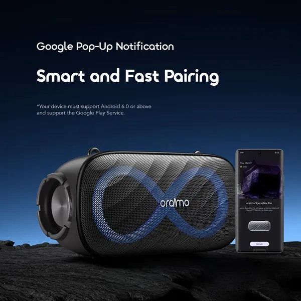 oraimo SpaceBox Pro 80W Karaoke-Support Wireless Speaker Oraimo Portable Speaker Oraimo Bluetooth Portable Big Bass Speaker 6 Hours (Maximum Volume), 10 Hours (Medium Volume) Battery Capacity: 5000mAh