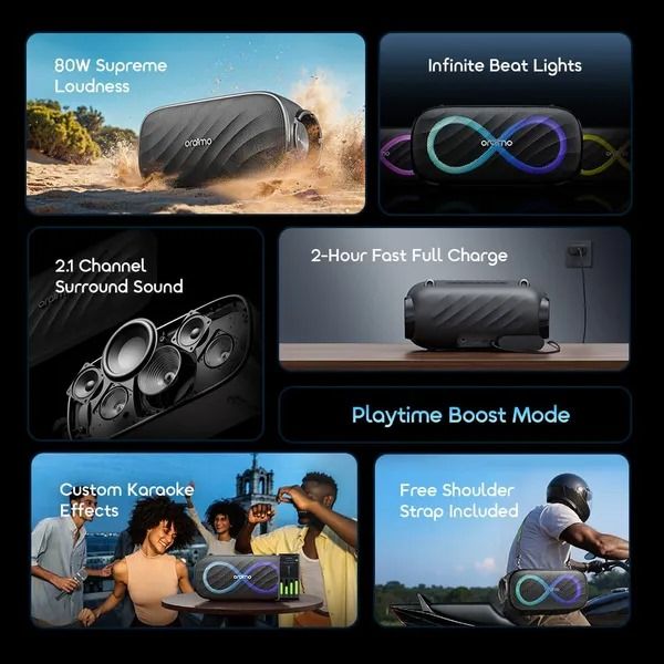 oraimo SpaceBox Pro 80W Karaoke-Support Wireless Speaker Oraimo Portable Speaker Oraimo Bluetooth Portable Big Bass Speaker 6 Hours (Maximum Volume), 10 Hours (Medium Volume) Battery Capacity: 5000mAh