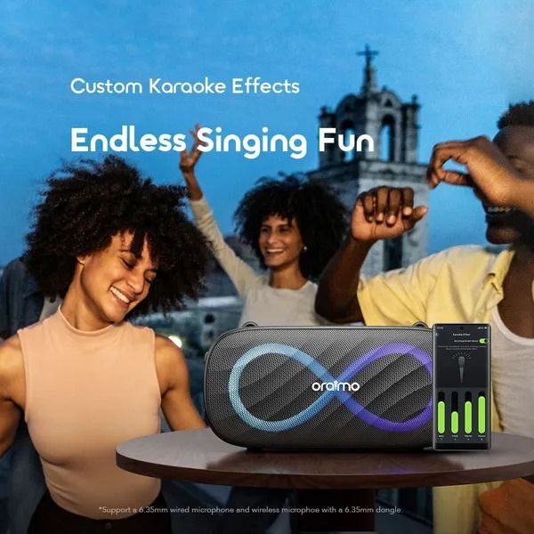 oraimo SpaceBox Pro 80W Karaoke-Support Wireless Speaker Oraimo Portable Speaker Oraimo Bluetooth Portable Big Bass Speaker 6 Hours (Maximum Volume), 10 Hours (Medium Volume) Battery Capacity: 5000mAh
