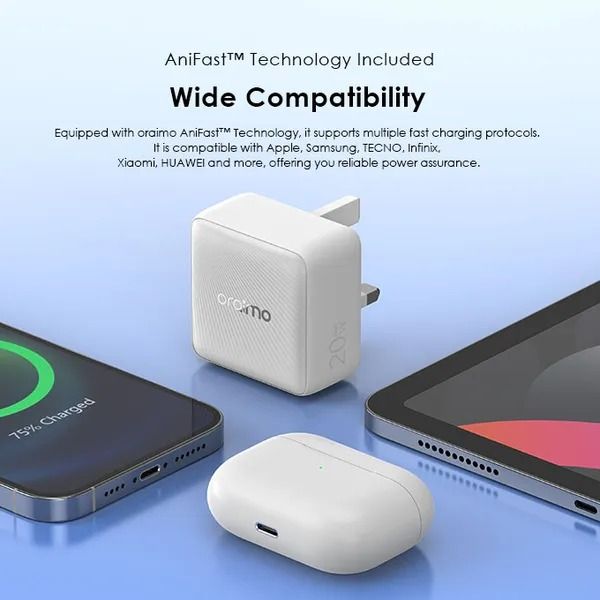 oraimo PowerCube 20 Chic 20W GaN Wall Charger Kit with Type-C to Lightning Cable  20W Smart Fast Charging  Type-C to Lightning Cable  AniFast™ Fast Charging Safety Protection