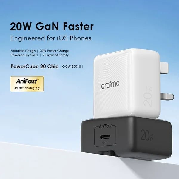 oraimo PowerCube 20 Chic 20W GaN Wall Charger Kit with Type-C to Lightning Cable  20W Smart Fast Charging  Type-C to Lightning Cable  AniFast™ Fast Charging Safety Protection