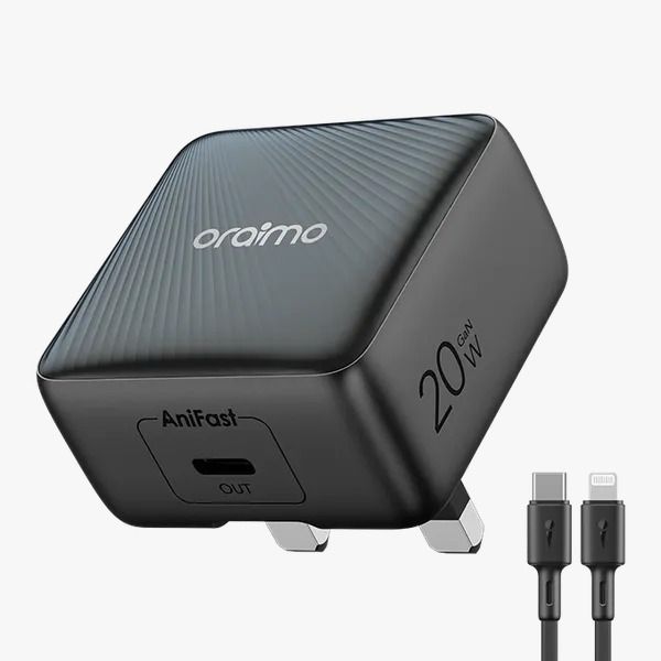 oraimo PowerCube 20 Chic 20W GaN Wall Charger Kit with Type-C to Lightning Cable  20W Smart Fast Charging  Type-C to Lightning Cable  AniFast™ Fast Charging Safety Protection