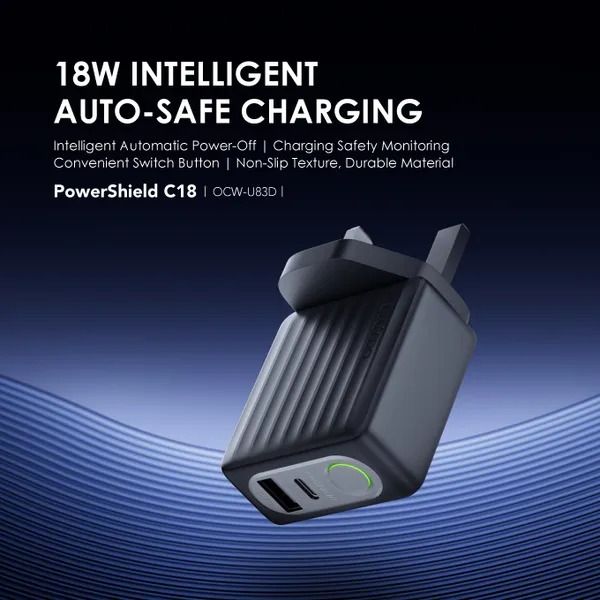 oraimo PowerShield C18 18W Wall Charger Kit 18W Fast Charging Automatic Power Outage Protection  Touch Switch  Multi-Protection Safety System with Type C Cable