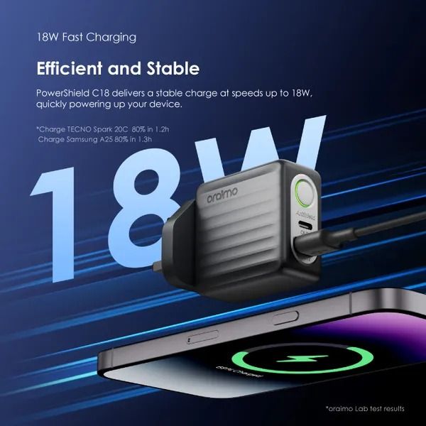 oraimo PowerShield C18 18W Wall Charger Kit 18W Fast Charging Automatic Power Outage Protection  Touch Switch  Multi-Protection Safety System with Type C Cable