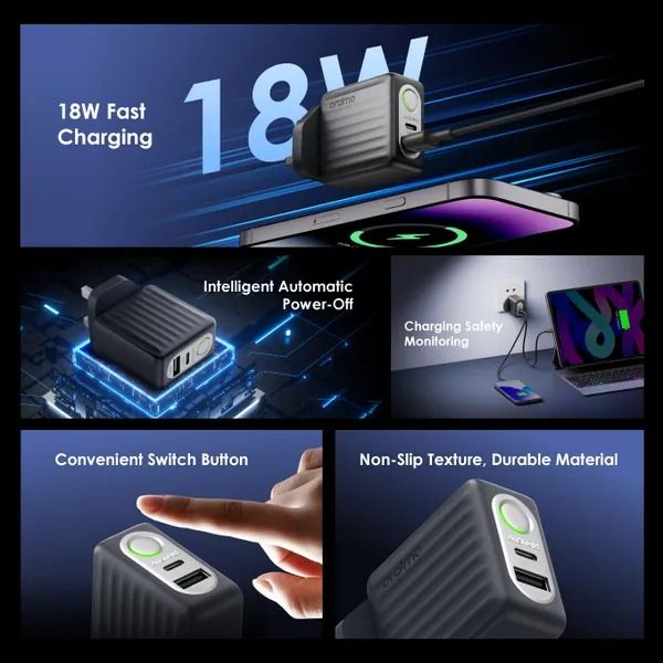 oraimo PowerShield C18 18W Wall Charger Kit 18W Fast Charging Automatic Power Outage Protection  Touch Switch  Multi-Protection Safety System with Type C Cable
