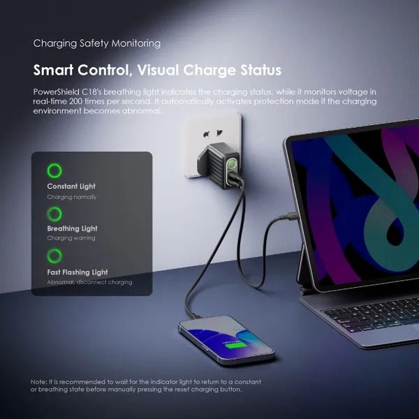 oraimo PowerShield C18 18W Wall Charger Kit 18W Fast Charging Automatic Power Outage Protection  Touch Switch  Multi-Protection Safety System with Type C Cable