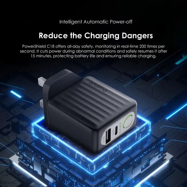 oraimo PowerShield C18 18W Wall Charger Kit 18W Fast Charging Automatic Power Outage Protection  Touch Switch  Multi-Protection Safety System with Type C Cable