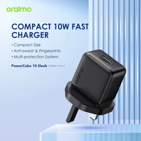 oraimo PowerCube 10 Sleek 10W Wall Charger Kit Type-C  5V 2A Fast Charging  Compact & Portable Sweat & Fingerprint Resistance  Multi-Protection Safety System