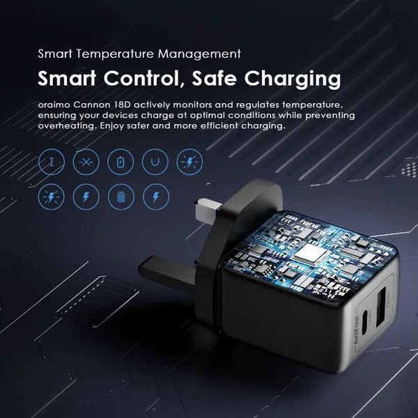 oraimo Cannon 18D 18W Wall Charger Kit with Fast Type C  Cable  Safety Protection AniFast™ Fast Charging  Smart Temperature Management  QC3.0 & PD3.0 Compatible