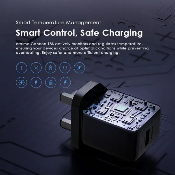 oraimo Cannon 18S 18W Wall Charger Kit with Fast Type C Cable  PE2.0 & QC3.0 Compatible  AniFast™ Fast Charging  Smart Temperature Management Safety Protection