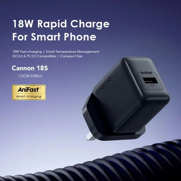 oraimo Cannon 18S 18W Wall Charger Kit with Fast Type C Cable  PE2.0 & QC3.0 Compatible  AniFast™ Fast Charging  Smart Temperature Management Safety Protection