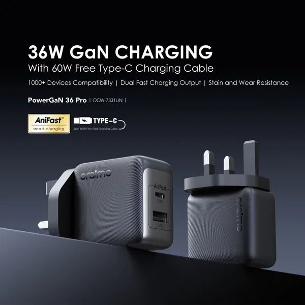 oraimo PowerGaN 36 Pro 36W Wall Charger Kit with 1M  Type-C to Type-C Cable  1000+ Devices Compatibility  USB-A & Type-C Dual Fast Charge Output Compact and Durable Design
