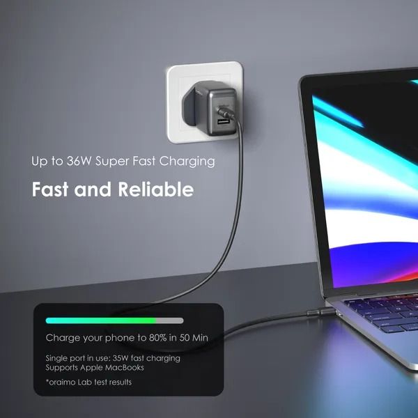 oraimo PowerGaN 36 Pro 36W Wall Charger Kit with 1M  Type-C to Type-C Cable  1000+ Devices Compatibility  USB-A & Type-C Dual Fast Charge Output Compact and Durable Design