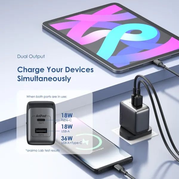 oraimo PowerGaN 36 Pro 36W Wall Charger Kit with 1M  Type-C to Type-C Cable  1000+ Devices Compatibility  USB-A & Type-C Dual Fast Charge Output Compact and Durable Design