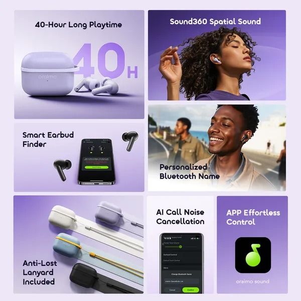 oraimo SpaceBuds Lite Sound360 Anti-Lost True Wireless Earbuds  Sound360 Spatial Audio Smart Earbud Finder Free Anti-Lost Lanyard Included 40-Hr Long Playtime