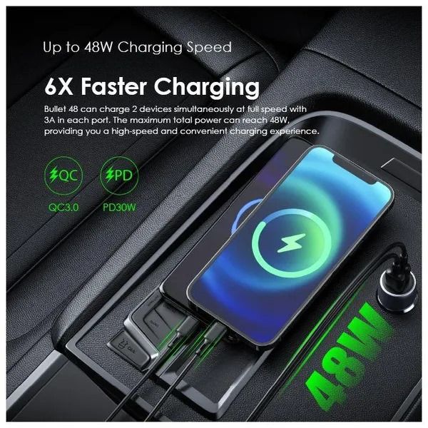 oraimo Bullet 48 48W Car Charger PD&QC 3.0 Compatible  18W+30W Fast Charge USB-A & Type-C Output  Universal Compatibility