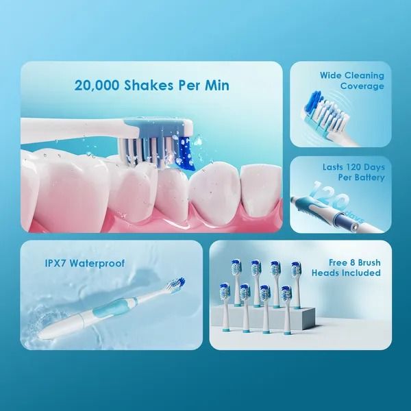 oraimo SoniCare Electric Toothbrush  Lasts 120 Days Per Battery  8 Brush Heads Last A Year  20,000 Vibrations Per Minute IPX7 Waterproof Cover Material: PC + ABS