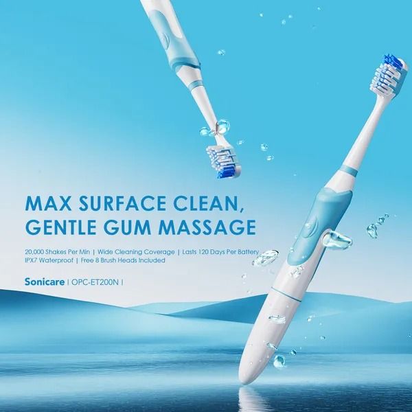 oraimo SoniCare Electric Toothbrush  Lasts 120 Days Per Battery  8 Brush Heads Last A Year  20,000 Vibrations Per Minute IPX7 Waterproof Cover Material: PC + ABS