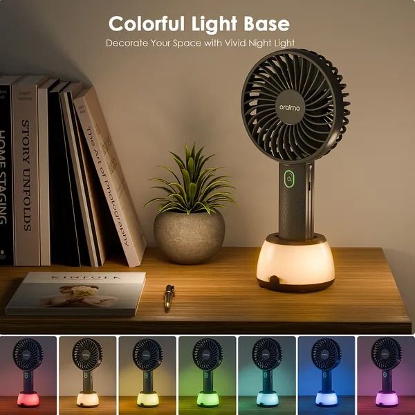 oraimo SmartHandheldfan 2 Handheld Fan with Light Base  8-hour Long Working Time Colorful Light Base 3 Adjustable Speeds  Lightweight & Portable Design