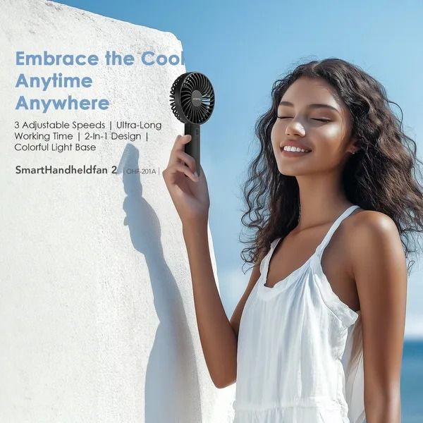 oraimo SmartHandheldfan 2 Handheld Fan with Light Base  8-hour Long Working Time Colorful Light Base 3 Adjustable Speeds  Lightweight & Portable Design