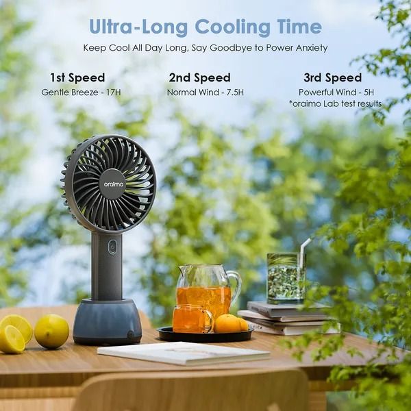 oraimo SmartHandheldfan 2 Handheld Fan with Light Base  8-hour Long Working Time Colorful Light Base 3 Adjustable Speeds  Lightweight & Portable Design