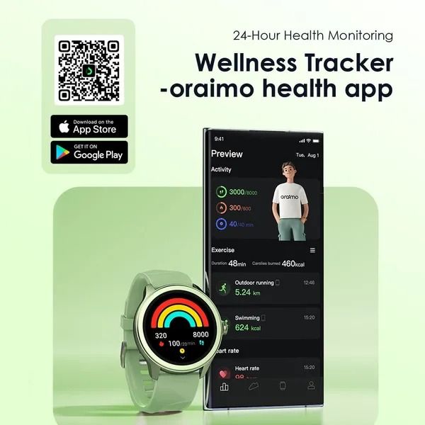 oraimo Watch 2R Colorful 1.39" TFT IP68 Smart Watch AI-generated Watch Faces 7 Days Battery Life 24-hour Health Monitoring  120 Sport Modes
