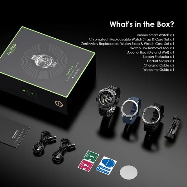 oraimo Watch Pro X 1.43'' Amoled IP68 Smart Watch with 2 Replaceable Watch Cases & Straps Up to 12-Day Usage Time Anti-scratch Panda Glass 2 Extra Replaceable Watch Cases & Straps  IP68 Waterproof