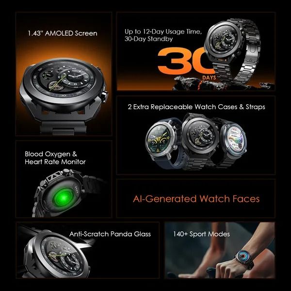 oraimo Watch Pro X 1.43'' Amoled IP68 Smart Watch with 2 Replaceable Watch Cases & Straps Up to 12-Day Usage Time Anti-scratch Panda Glass 2 Extra Replaceable Watch Cases & Straps  IP68 Waterproof