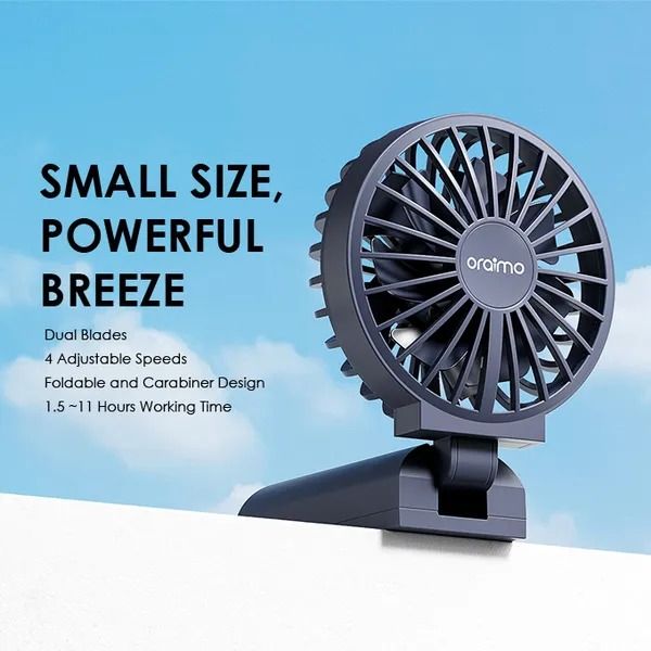 oraimo Smart Handheld Fan Dual Blades Foldable Fan 4 Adjustable Speed  Working Time 1.5~11hrs  Foldable and Carabiner Design  Dual Blades and Strong Wind