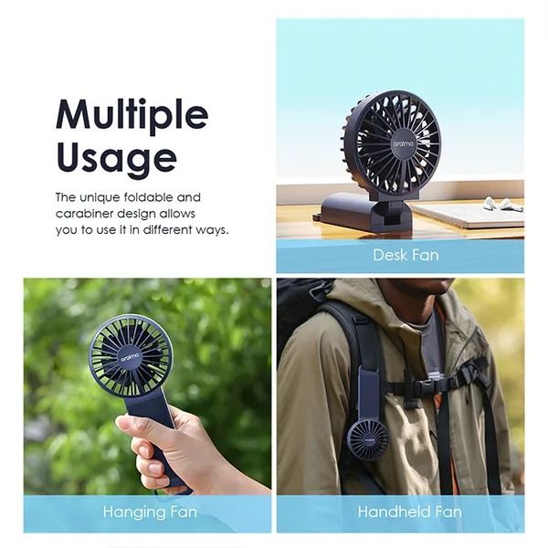 oraimo Smart Handheld Fan Dual Blades Foldable Fan 4 Adjustable Speed  Working Time 1.5~11hrs  Foldable and Carabiner Design  Dual Blades and Strong Wind