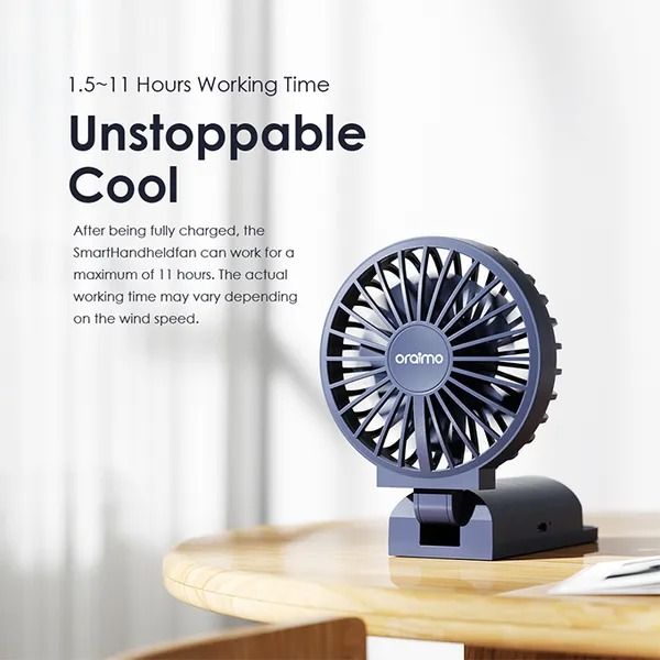 oraimo Smart Handheld Fan Dual Blades Foldable Fan 4 Adjustable Speed  Working Time 1.5~11hrs  Foldable and Carabiner Design  Dual Blades and Strong Wind