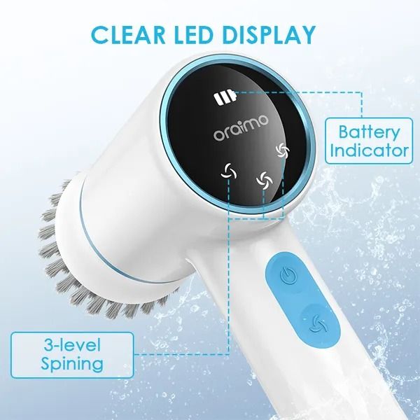 oraimo Ultra Cleaner Scrubber Cordless 1.5H Runtime Electric Spin Brush with 5 Replacement Heads 5 Replacement Brush Heads All-around Cleaning  IPX7 Water Proof  Type-C Charging