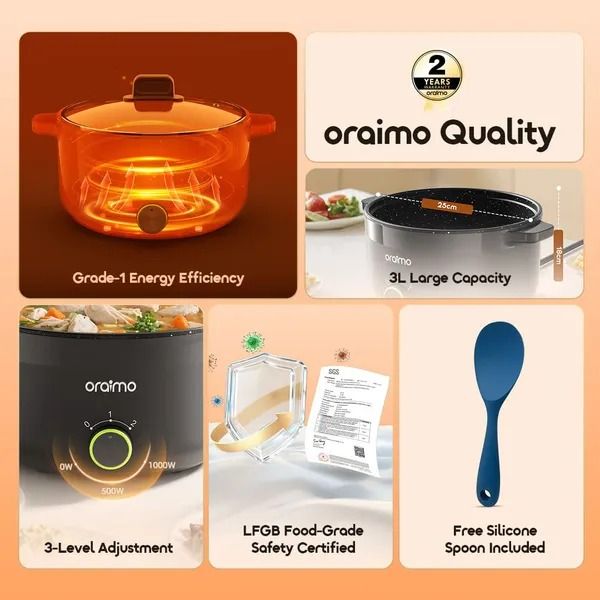 oraimo MultiPot 3L Energe-Saving Electric Cooker Multi-Purpose Pot  Titanium Non-Stick Coating  Prevents Bacterial Growth  LFGB Food Safety Certified