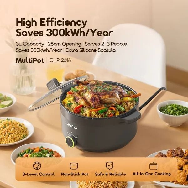 oraimo MultiPot 3L Energe-Saving Electric Cooker Multi-Purpose Pot  Titanium Non-Stick Coating  Prevents Bacterial Growth  LFGB Food Safety Certified