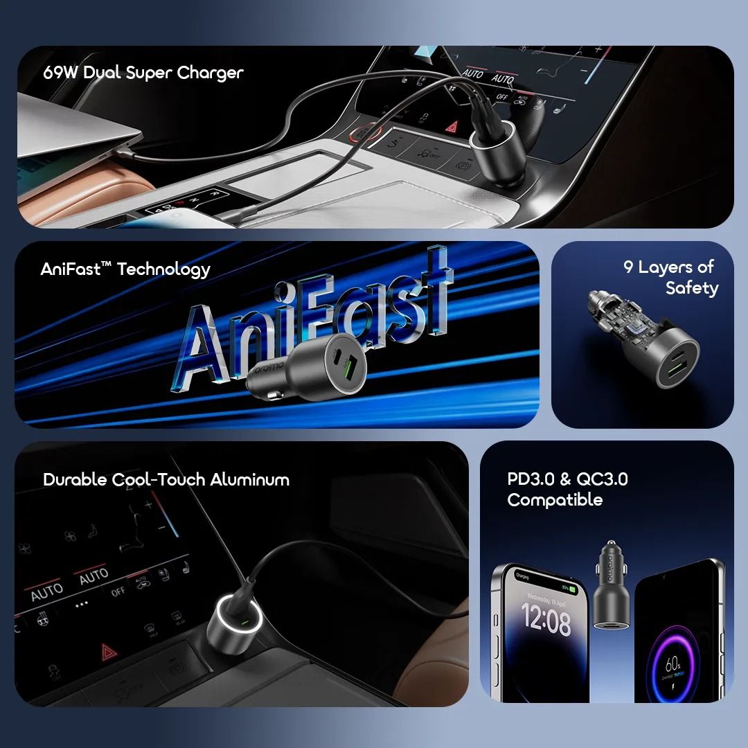 oraimo PowerDrive 7691 Pro 69W Dual Super Car Charger  USB-A & Type-C Durable Cool-Touch Aluminum LED Light Ring Universal Compatibility