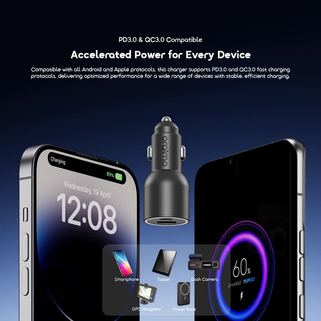 oraimo PowerDrive 7691 Pro 69W Dual Super Car Charger  USB-A & Type-C Durable Cool-Touch Aluminum LED Light Ring Universal Compatibility