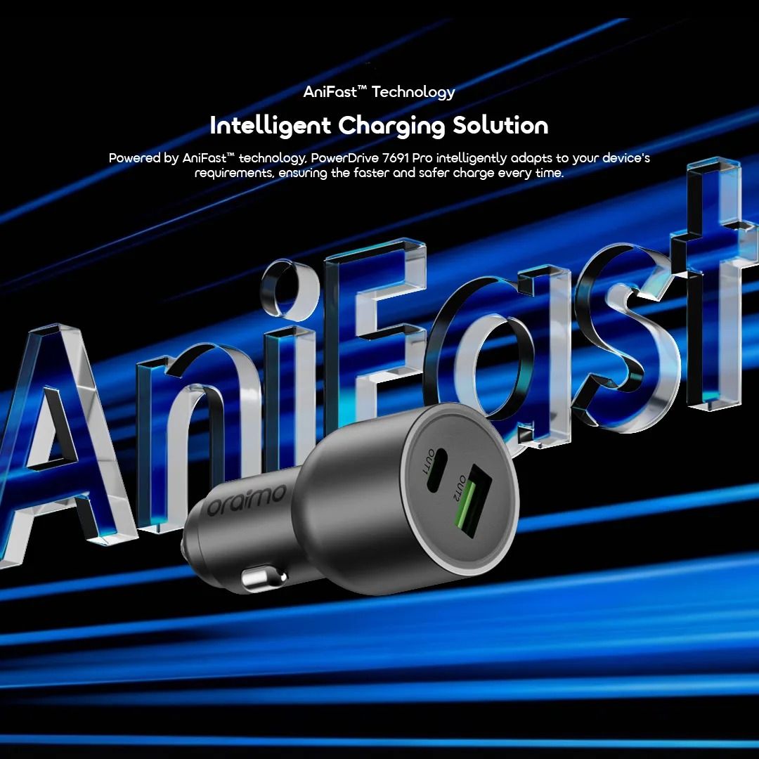 oraimo PowerDrive 7691 Pro 69W Dual Super Car Charger  USB-A & Type-C Durable Cool-Touch Aluminum LED Light Ring Universal Compatibility