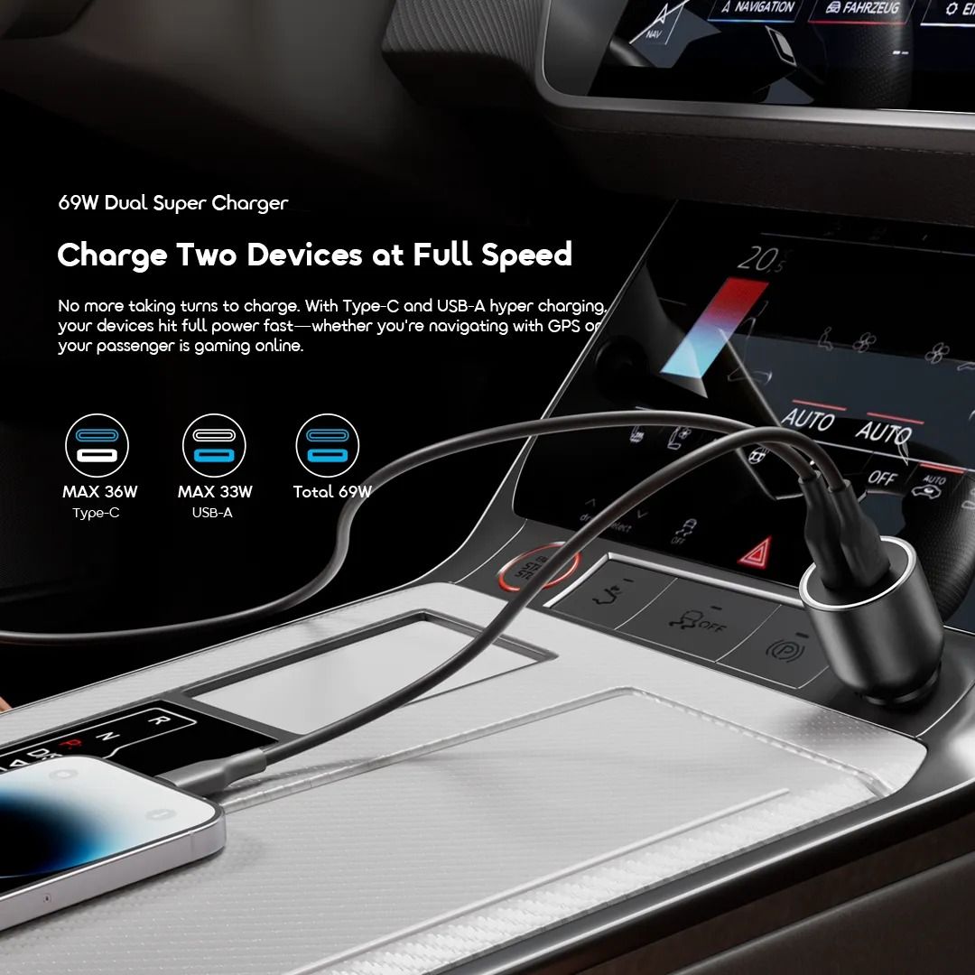 oraimo PowerDrive 7691 Pro 69W Dual Super Car Charger  USB-A & Type-C Durable Cool-Touch Aluminum LED Light Ring Universal Compatibility