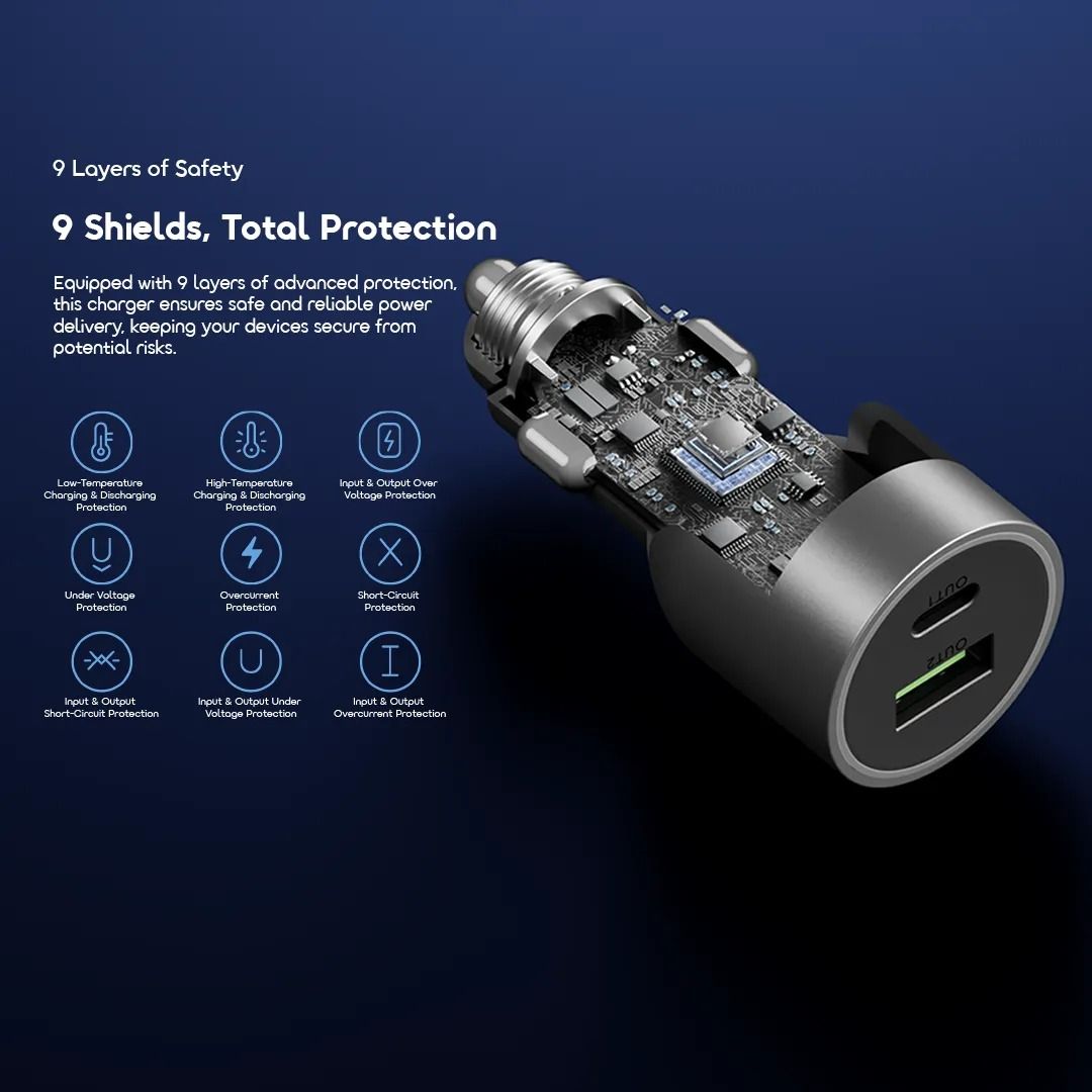 oraimo PowerDrive 7691 Pro 69W Dual Super Car Charger  USB-A & Type-C Durable Cool-Touch Aluminum LED Light Ring Universal Compatibility