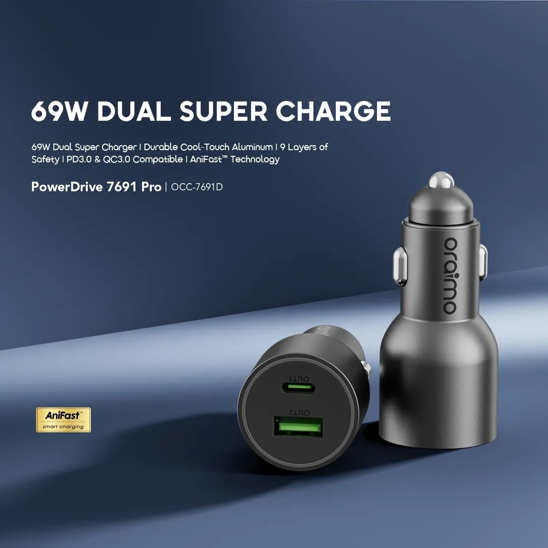 oraimo PowerDrive 7691 Pro 69W Dual Super Car Charger  USB-A & Type-C Durable Cool-Touch Aluminum LED Light Ring Universal Compatibility
