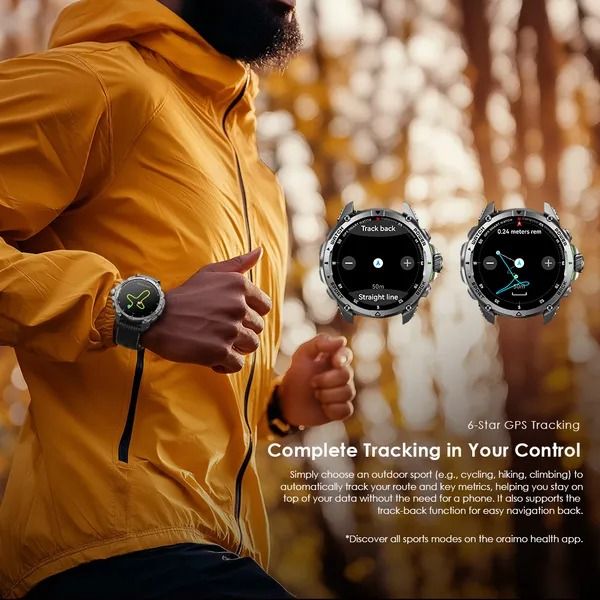 oraimo Watch GT 1.43" AMOLED 3ATM GPS Smart Watch with 2 Replaceable Straps  Up to 25-Day Usage Time 6-Star GPS Tracking  3ATM Waterproof 1.43" AMOLED Screen