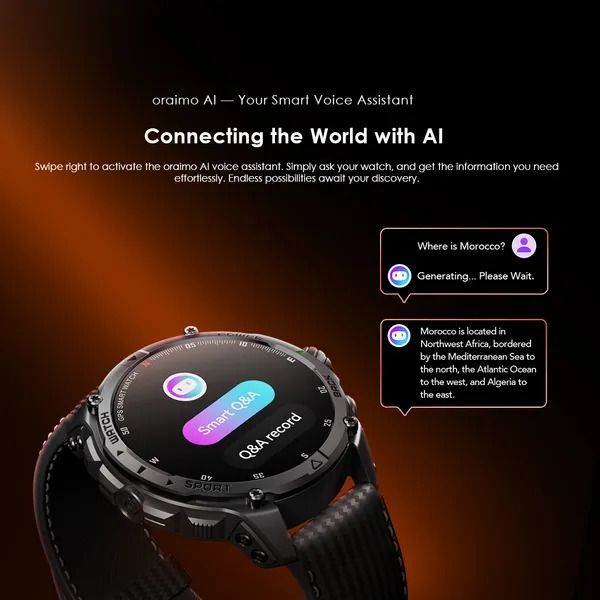 oraimo Watch GT 1.43" AMOLED 3ATM GPS Smart Watch with 2 Replaceable Straps  Up to 25-Day Usage Time 6-Star GPS Tracking  3ATM Waterproof 1.43" AMOLED Screen