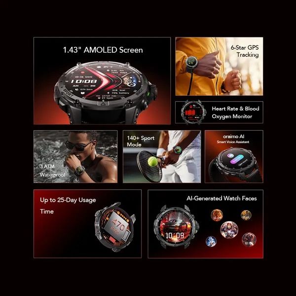 oraimo Watch GT 1.43" AMOLED 3ATM GPS Smart Watch with 2 Replaceable Straps  Up to 25-Day Usage Time 6-Star GPS Tracking  3ATM Waterproof 1.43" AMOLED Screen