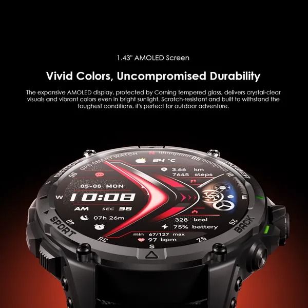 oraimo Watch GT 1.43" AMOLED 3ATM GPS Smart Watch with 2 Replaceable Straps  Up to 25-Day Usage Time 6-Star GPS Tracking  3ATM Waterproof 1.43" AMOLED Screen